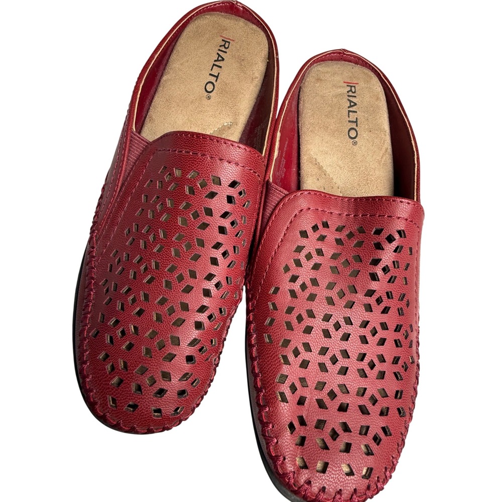 Rialto Sedona‎ Red Laser Cut Mules Block Heel Slip On Clogs Womens 7M